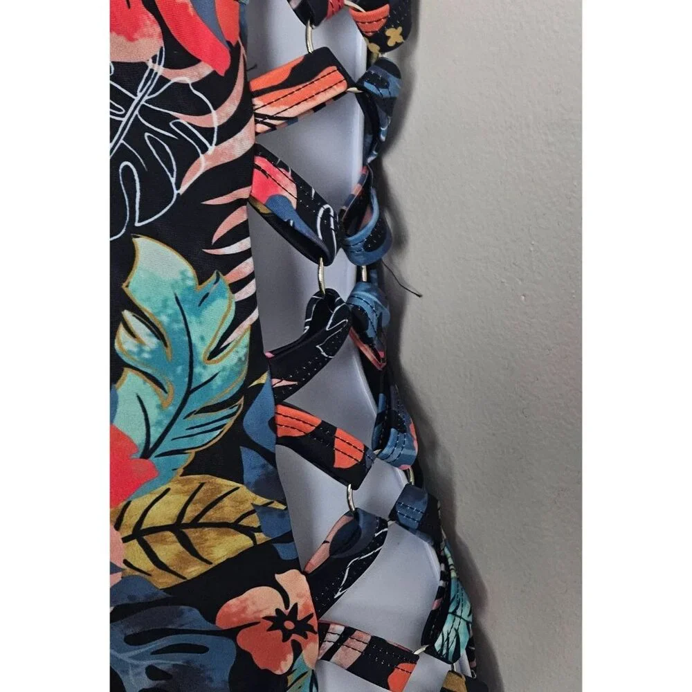Tempt Me Womens Large Tropical Floral One-Piece Swimsuit Crisscross Sides Beach